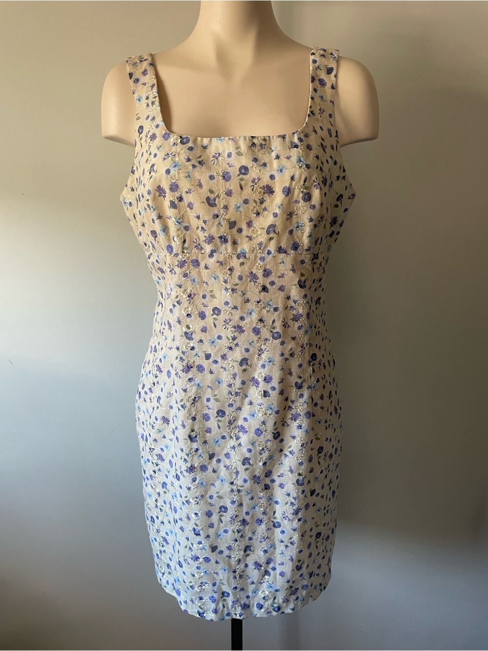 90s Y2K Vintage Ditsy Floral Embroidered Mini Dress Yellow Purple Cottagecore